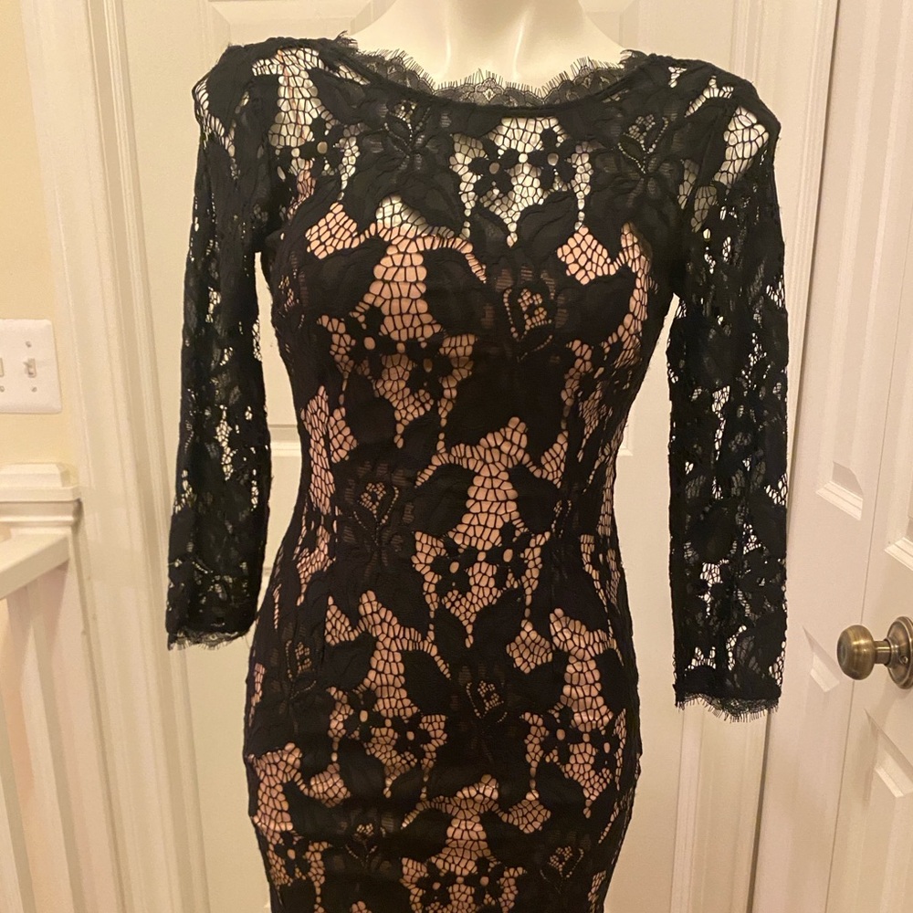 Adrianna Papell Black Lace Dress with Nude Lining